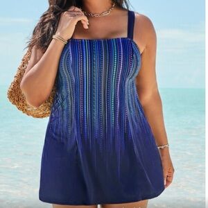 NWT Swim dress blue with colorful, flattering vertical pattern